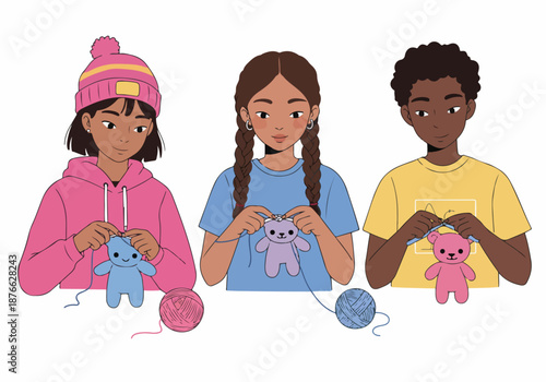 Diverse children engaged in the mindful and creative hobby of knitting cute colorful stuffed animals, fostering craft skills and shared enjoyment.