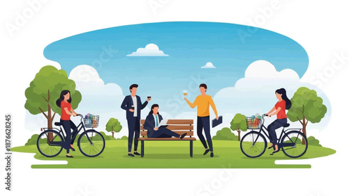 Illustrative scene of diverse individuals enjoying outdoor leisure activities in a vibrant park, fostering community and healthy lifestyle through cycling and social interaction