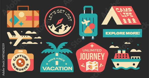 Set of Travel sticker, patch, badge, elements collection. Plane, compass, camping, suitcase design.