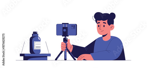 Modern individual vlogging about beauty products with professional lighting and smartphone setup, suitable for lifestyle blogs, influencer marketing, and digital promotion.