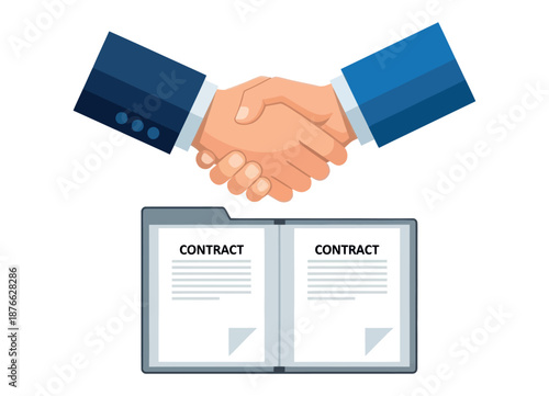 Professional business individuals shaking hands above open contract documents, symbolizing a successful agreement, partnership, and deal completion for corporate and financial projects.