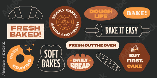 Set of Bakery and Cake stickers collection. Croissant, bread, pretzel design.
