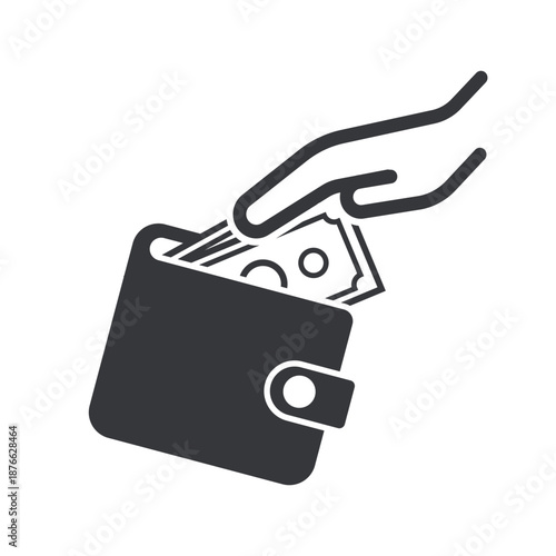 Isolated pictogram of hand taking money from wallet, symbol representing payment, spending, financial expense, cash handling, and economic transaction