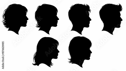 Flat lay of six black human head silhouettes in profile on a white background.
