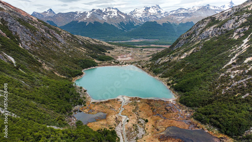 Obraz na płótnie Aerial view of Laguna Esmeralda surrounded by mountains and peat bogs, Ushuaia, Patagonia, Argentina