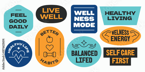 Set of Healthy life style with motivational words stickers, patches, badges, collection.