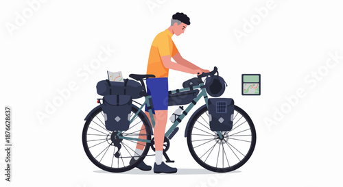 Young man preparing his fully loaded touring bicycle for an adventure journey, with a map and navigation device highlighting the spirit of bikepacking and exploration.
