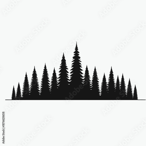 Silhouetted forest of evergreen trees against a minimalist white background displays natural beauty