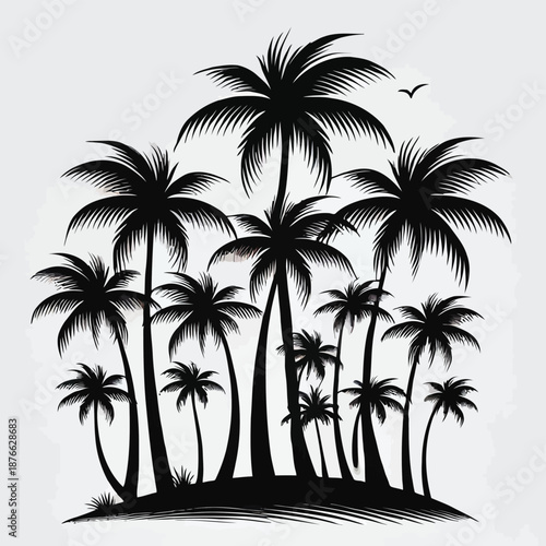 Silhouetted palm trees against a bright sky create a tropical island scene