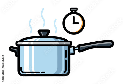 Steaming hot pot with a lid and a cooking timer indicating precise time for culinary preparation and various recipe steps