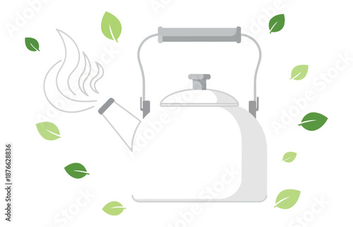 White whistling kettle emitting hot steam surrounded by various fresh green tea leaves conveying natural healthy beverages and refreshing warm drink preparation ideas for lifestyle marketing