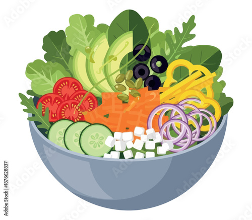 Fresh and vibrant mixed salad bowl filled with nutritious green leafy vegetables, colorful produce, avocado, feta cheese, and seeds, perfect for a healthy balanced meal.