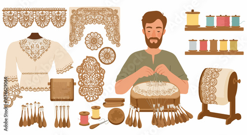 Artisan crafting intricate bobbin lace, surrounded by traditional patterns, bobbins, colorful threads, and specialized tools, showcasing a delicate handmade textile art.