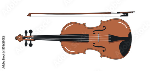 Elegant classical string instrument, a traditional brown violin with its wooden bow, ready for a melodic symphony performance or music education materials.