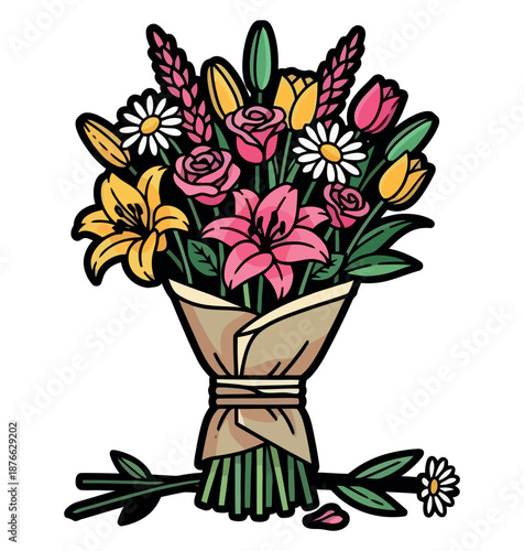 A vibrant mixed floral bouquet featuring roses, lilies, tulips, and daisies, wrapped in rustic paper, perfect for conveying celebration, love, and appreciation