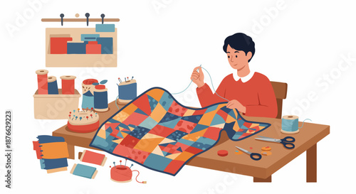 Creative hobbyist sewing a beautiful handmade patchwork quilt at home, surrounded by craft tools, colorful fabrics, threads, and pins.