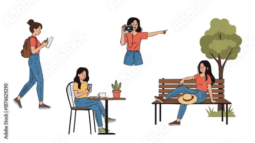 Set of vector illustrations depicting a young woman enjoying diverse leisure activities, from city exploration and travel photography to relaxing at a cafe and unwinding in a park setting