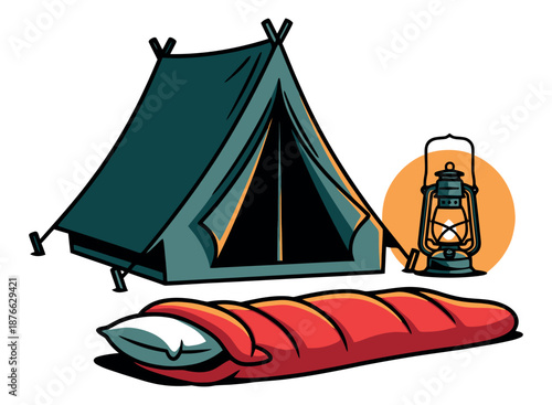 A vibrant graphic depicting a complete camping scene with a cozy tent, a comfortable sleeping bag, and a vintage lantern is ideal for outdoor adventure promotions and travel marketing.