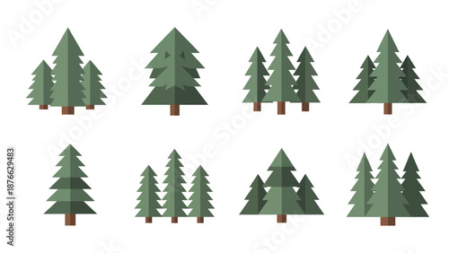 Set of Flat Style Pine Trees Icons, Vector Illustration