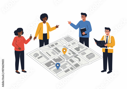 Diverse team collaborating on urban planning using a large map with location pins, discussing project logistics and geographical strategies.