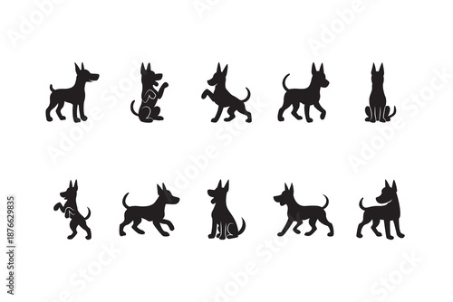 Rounded puppy icon silhouette. Rounded puppy silhouettes in various actions. Ideal for kids’ prints, stickers, and social media assets.