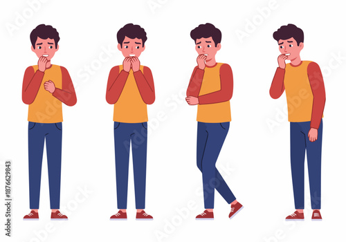 Anxious young man biting nails, feeling worried and stressed, cartoon illustration set depicting nervousness and concern.