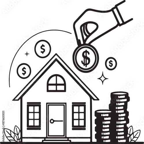 Saving for a house with stacks of coins and a hand adding money