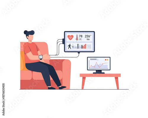 Person Using Wearable Smartwatch for Remote Health Monitoring, Digital Medical Data Analysis and Telemedicine Interface Concept Flat Vector Illustration