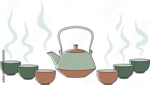 Warm tea preparation with a traditional teapot and various steaming cups creating a cozy atmosphere perfect for relaxation and beverage themed marketing materials.