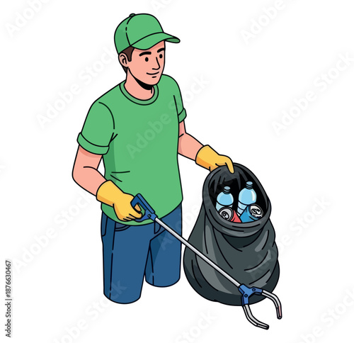 Young person collects plastic bottles and aluminum cans with a litter picker into a trash bag, promoting environmental protection and community recycling programs.