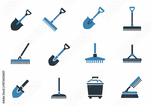 Essential gardening and cleaning tools icon collection, featuring various spades, rakes, a brush, and a cleaning bin, in a modern flat vector design.