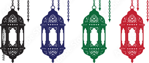 Set of colorful decorative Arabic lanterns for Ramadan and Eid celebration, Islamic traditional lamps vector illustration.