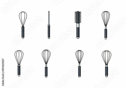 Collection of flat design kitchen whisks and various cooking tools, illustrating baking and culinary essentials with minimalist icons on white.