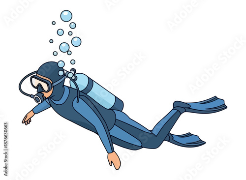 A professional diver exploring the deep ocean in a blue wetsuit with full scuba gear and exuding bubbles, ideal for summer vacation advertisements and aquatic adventure promotions