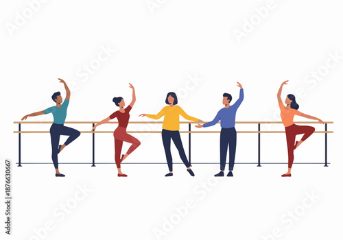 Diverse group of adults training and practicing ballet together at a studio barre, showcasing inclusive dance education and fitness.