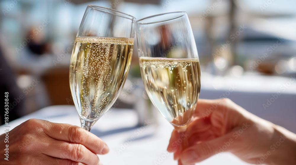 Obraz premium Close-up of faceless hands clinking two glasses of fine Champagne on a white linen tablecloth, outdoor terrace of a French bistro, graduation celebration, bright airy light, sharp