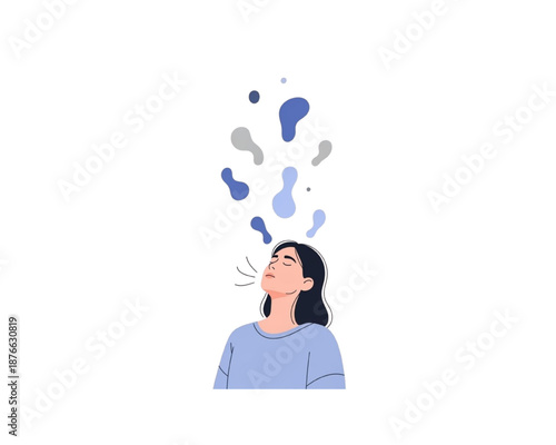Woman exhaling deep breath with abstract air bubbles. Flat vector illustration of relief, stress reduction, and breathing exercise. Female character releasing tension and relaxing concept.