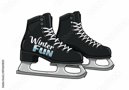 Cartoon illustration of black ice skates with white laces, featuring 'Winter FUN' text, perfect for seasonal sports, recreation, and frosty leisure activities.