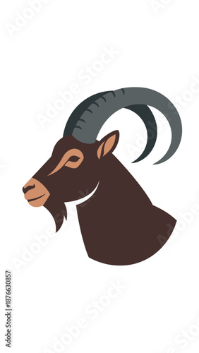 Stylized Ibex Head Portrait, Majestic Mountain Goat with Curved Horns