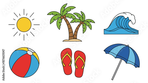Summer Beach Icons: Sun, Palm Trees, Wave, Ball, Flip Flops, Umbrella