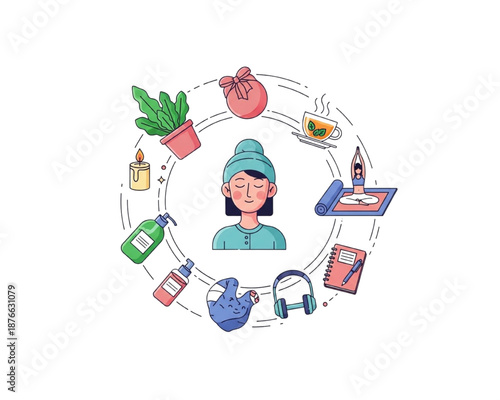 Self Care Vector Illustration: Relaxed Woman with Wellness Icons - Yoga Mat, Tea, Journal, Candle, Plant, Headphones, Mindfulness Routine Flat Design