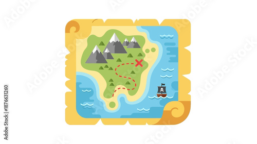 Treasure Map with X Marks the Spot, Pirate Ship and Island Landscape