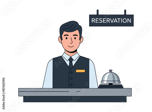 Asian male hotel receptionist stands at the front desk with a service bell and a RESERVATION sign, ready to provide excellent hospitality and customer service for hotel and travel