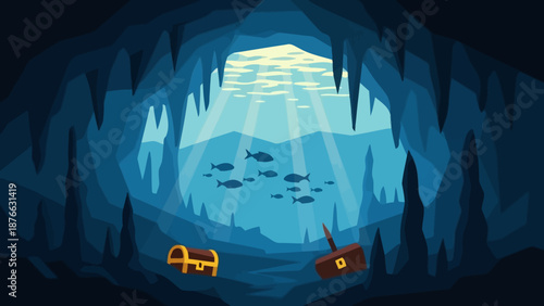 Underwater Cave Treasure Chest with Fish and Sunbeams