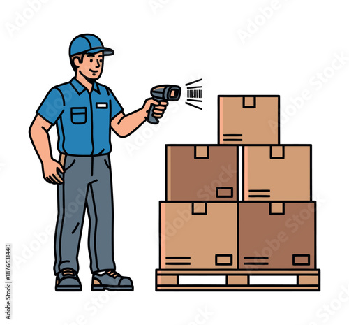 Dedicated male logistics worker in a blue uniform efficiently scans product barcodes on stacked boxes with a handheld scanner, ensuring accurate inventory management for supply chain