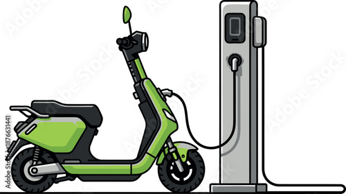 Green electric scooter plugged into a modern charging station, representing sustainable transportation and ecofriendly urban mobility solutions for various media applications.
