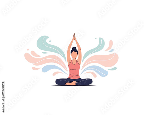 Woman sitting in lotus pose with raised arms and abstract fluid wings. Flat vector illustration of yoga, meditation, and spiritual balance. Mindfulness and wellness concept isolated.