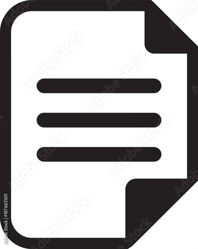 Simple black icon representing a document with three lines of text on a white background paper writing