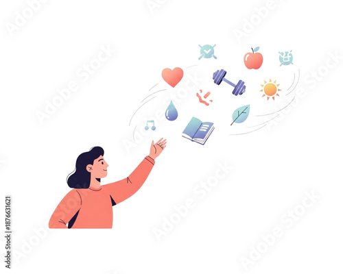 Digital Health Monitoring Flat Vector Illustration with Woman Using Wellness App Icons, Self Care Mindfulness Fitness Tracking Concept, Modern Healthcare Technology Design