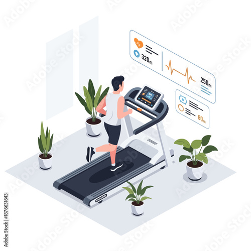 Man running on treadmill at home gym, isometric view, digital fitness tracker